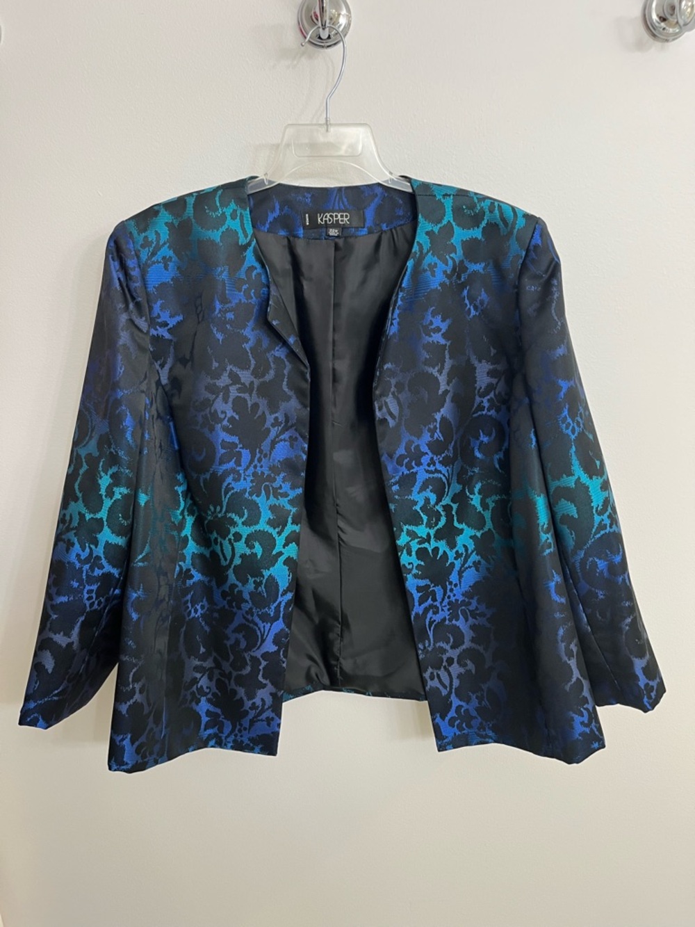 Kasper 22W Black Open-Front Blazer w/Blue & Teal Floral Jacquard (top available)